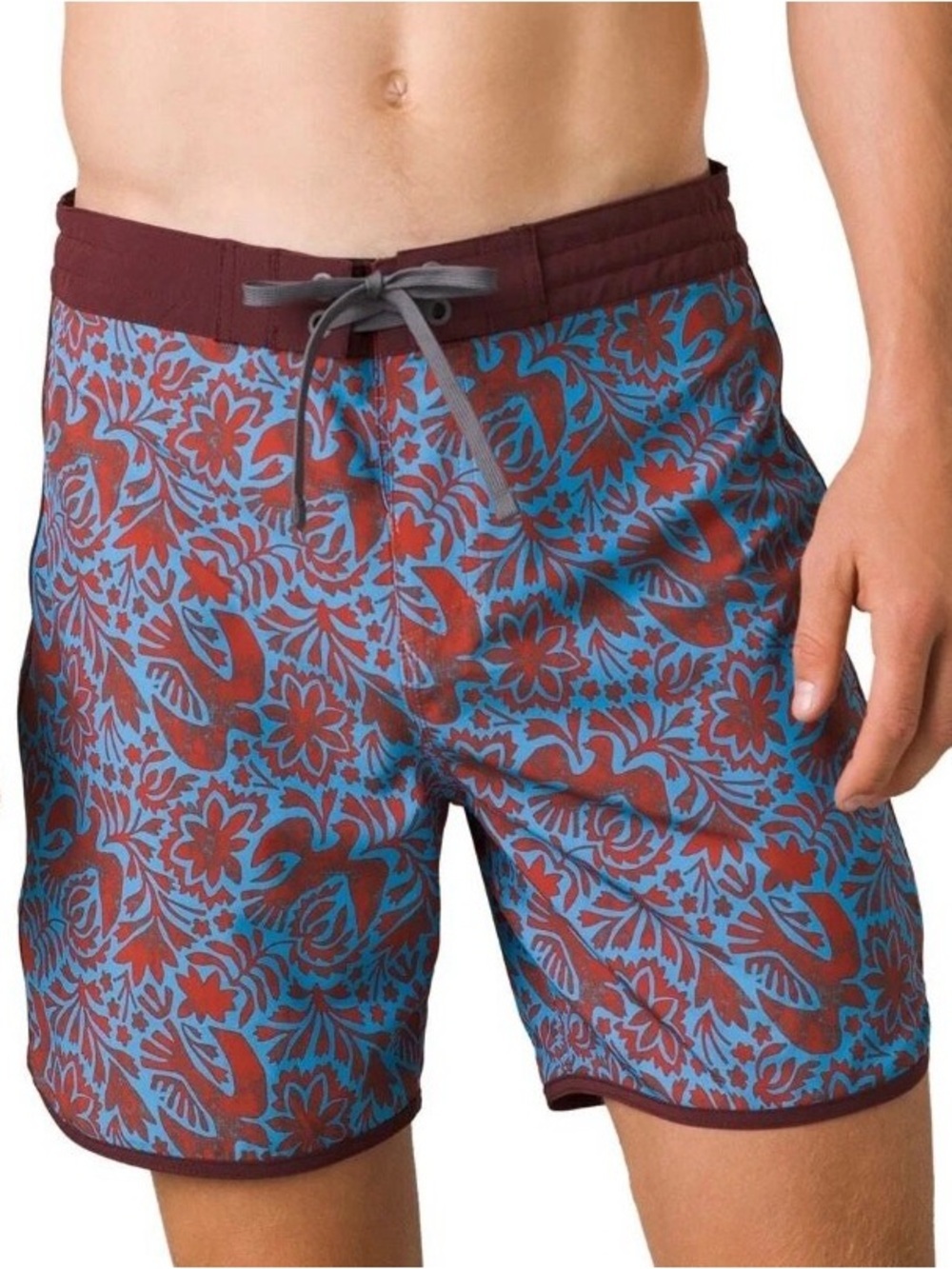 Prana Men's Floral Board Shorts in Maroon and Light Blue rust flora fauna sz 34